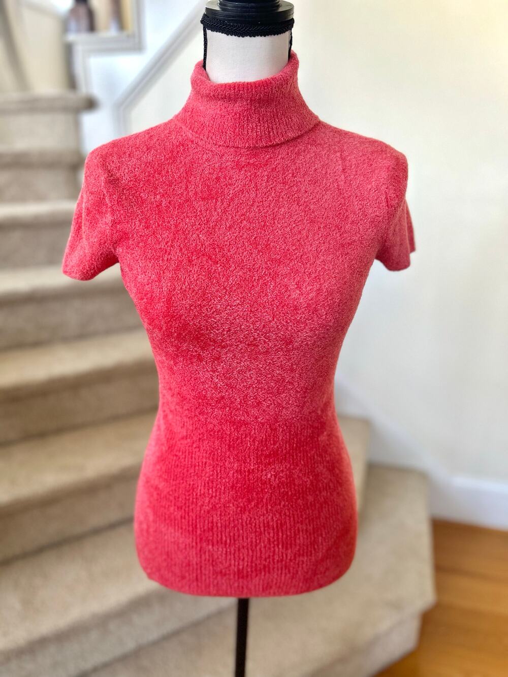 Vintage Y2K Cache Hot Pink Fleece Short Sleeve Turtleneck Baby Doll Preppy